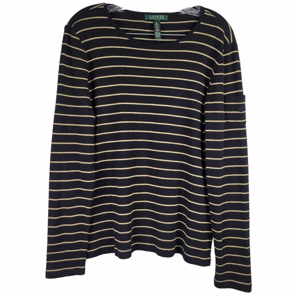 Polo Ralph Lauren LRL Shirt Womens Size XL Black Gold Metallic Stripe Holiday